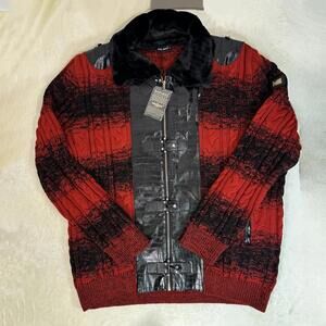 Barabas Full-Zip Mongolian Sweater Red Black Alligator Textured Pleather Gold